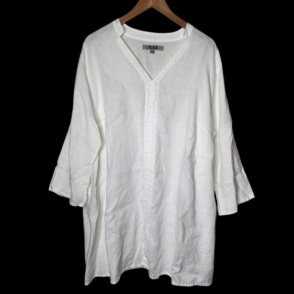 Flax linen Tunic Blouse Top Plus Size 1G White V Neck Lagenlook Boho Coastal